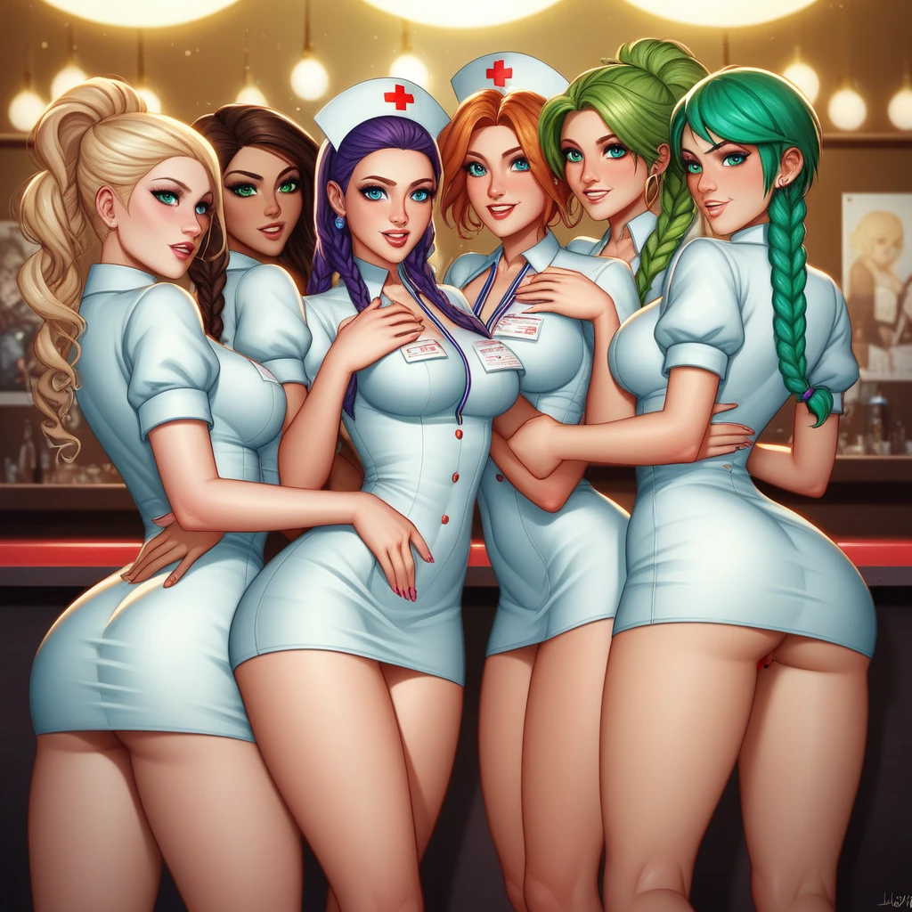 5 women Vin, Naz, Jae, Indi and Maya, the enticing scene of the "Anal Club" meeting no 5, where a quaint, dimly lit bar is the stage for an erotic evening of playful debauchery. The walls are adorned with vintage posters, and a mellow bossa nova melody serenades the air. In the spotlight are Vin, Naz, Jae, Indi, and Maya, five striking women dressed in scandalously short nurse's uniforms that leave little to the imagination. Vin, with her piercing blue eyes and green hair styled in middle-parted double braids, stands at the bar with Naz, whose green eyes sparkle mischievously under the soft glow of pendant lights. Both kneel on the counter, their barely covered derrières teasingly aimed towards the entrance. Indi and Maya, their hair styled in asymmetrical bobs, one black and one blue, are eagerly engaging in an intimate display of affection, tenderly licking Vin and Naz's asses.