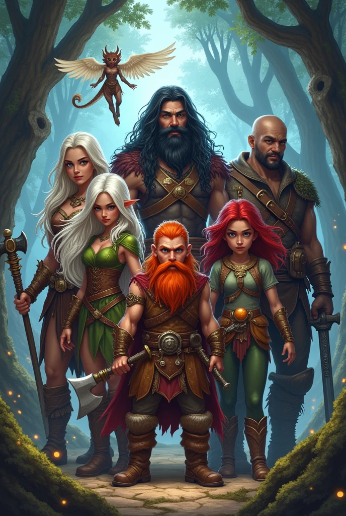 A group of six members, including;
1 A short, red-haired dwarf with an axe.
A male elf with wings and white hair.
3 A sorceress with brown hair wielding a staff with an orange orb.
4 A strong, tall man with features of a triton with black hair and beard wielding a longsword.
5 A girl with red hair and claws wearing wild clothes.
6 A bald man with a black beard and draconic features, wielding a sword and shield.