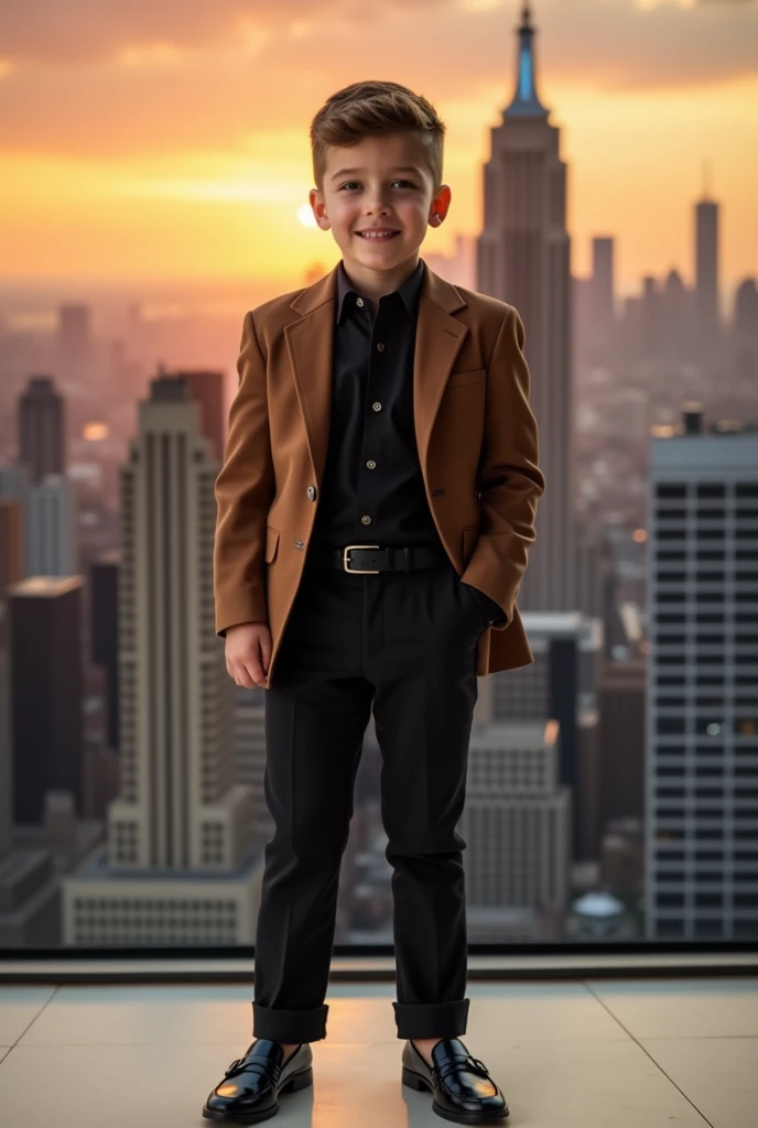 A boy, he ware A brown blazer bottom open,black shirt and black pant and black lofer