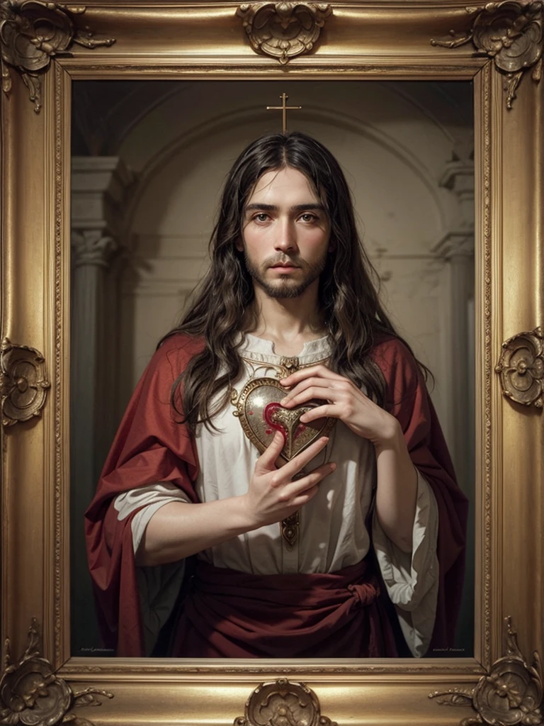 Depict the sacred heart of Jesus as it was in the old days, painted in a frame