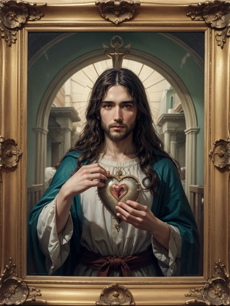 

Depict the sacred heart of Jesus as it was in the old days, painted in a frame

