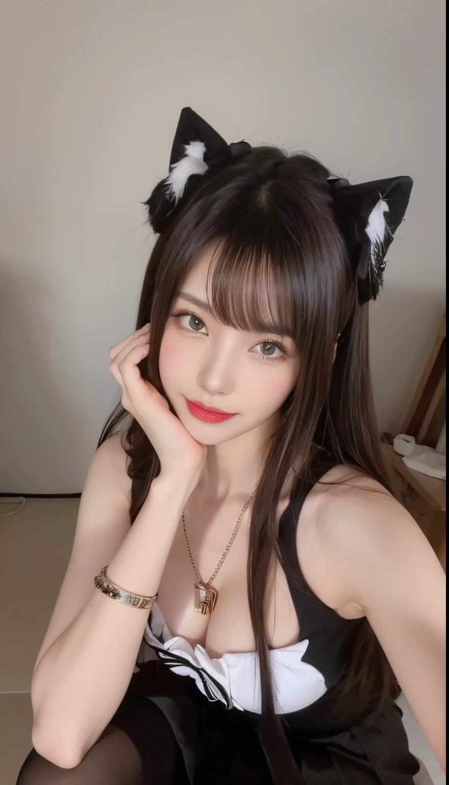 (Realistic, Photorealistic: 1.37), (Masterpiece, Best Quality: 1.2), (Ultra High Resolution: 1.2), (RAW Photo: 1.2, shots on Nikon), (Sharp Focus: 1.3), (Face Focus: 1.37), (Ultra Detailed CG Unified 8k Wallpaper: 1.2), (Beautiful Skin: 1.2), (pale Skin: 1.3), (Hyper Sharp Focus: 1.5), (Ultra Sharp Focus: 1.5), ( Beautiful pretty face: 1.3), (super detailed background, detail background: 1.3), break, very cute and beautiful Japan pictures of woman, (sexy model), professional attire, (22 years old: 1.1), portrait of a girl with a bright smile, upper body image, When viewed from the front, the composition is symmetrical, (Studio lighting: 1.3), (Cinematic lights: 1.3), (backlight: 1.3), dim lighting, lighting that covers the whole body, (looking straight at you, standing:1.3, arms down:1.3, random, model pose), break, (shiny-brown half up thin hair: 1.2), dark brown eyes, upturned eyes, beautiful eyes, princess eyes, ((brown hair:1.3)), single hair, bangs, Hair between eyes, Long hair, curby, abs, perfect abs, (gigantic-breast;1.37, big breast:1.37, big cleavage:1.37), (thin waist: 1.15), (detailed beautiful girl: 1.4), (bare shoulder, Chest squeezed together, View viewer, (blue camisole:1.3, black box-long-skirt:1.3, teacher fashion style, attractive look), Solo, Parted lips, pink lips, (shiny skin), sweat, (school room background:1.5), (light seductive smile:1.25), ((Perfect Female Body)), (Upper Body Image:1.3), Frame the Head, Perfect Anatomy, Perfect Proportions, 8.5 Life-Size, Face Focus, Ultra Realistic Photo, Hyper Sharp Image, Hyper Detail Image
