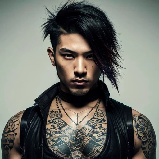 1 man, Japanese man, male, Asian eyes, muscular, broad shoulders, yakuza tattoos, hairstyle Visual Kei style, hair Visual Kei, black men's shirt and black pants, ultra detailed face, hyperrealistic, realistic representation, long hair, long hair, 30 years old, age 30 years, blonde hair, full body view