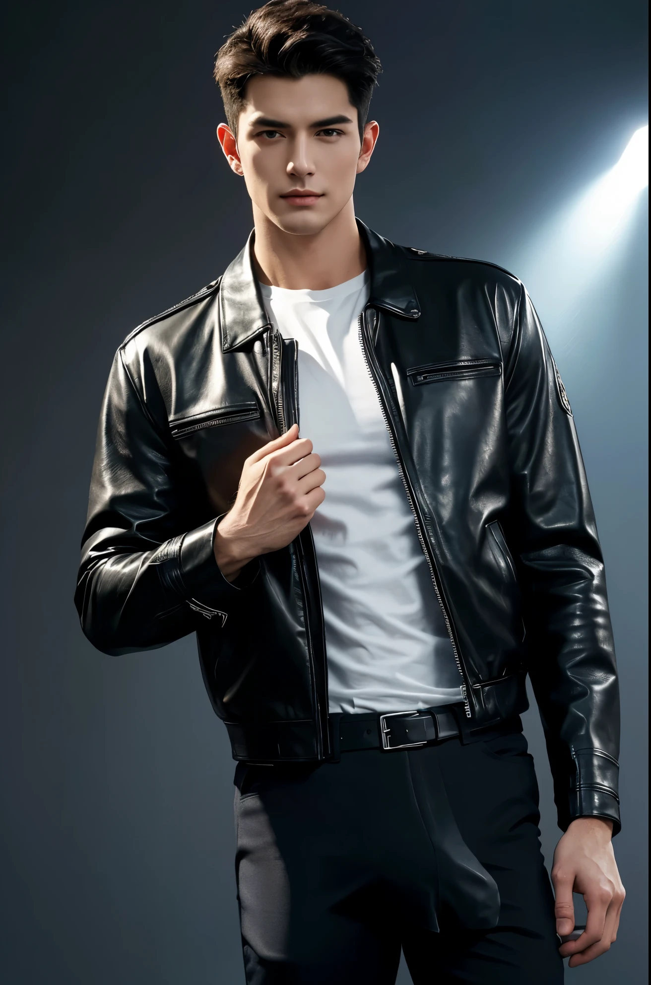 4k, high resolution, best quality, masterpiece, perfect color, perfect shade, perfect lighting, Posted by e621, ((handsome man)), perfect male figure, Short hair details,Detailed face, perfect face, (stood up), Detailed background, ((Bonifasco Lighting)),black hair, wearing black leather jacket, black pants, black leather belt, white shirt,