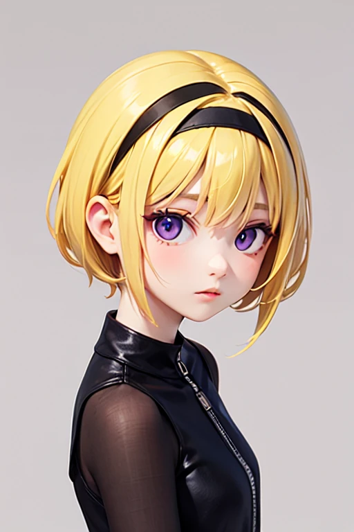 1 female, alone, (Yellow Hair), blonde, Purple eyes, short hair, hair band, I&#39;m 11 years old, green dress, white sailor collar, yellow neckerchief, short sleeves, puffy sleeves, black pantyhose