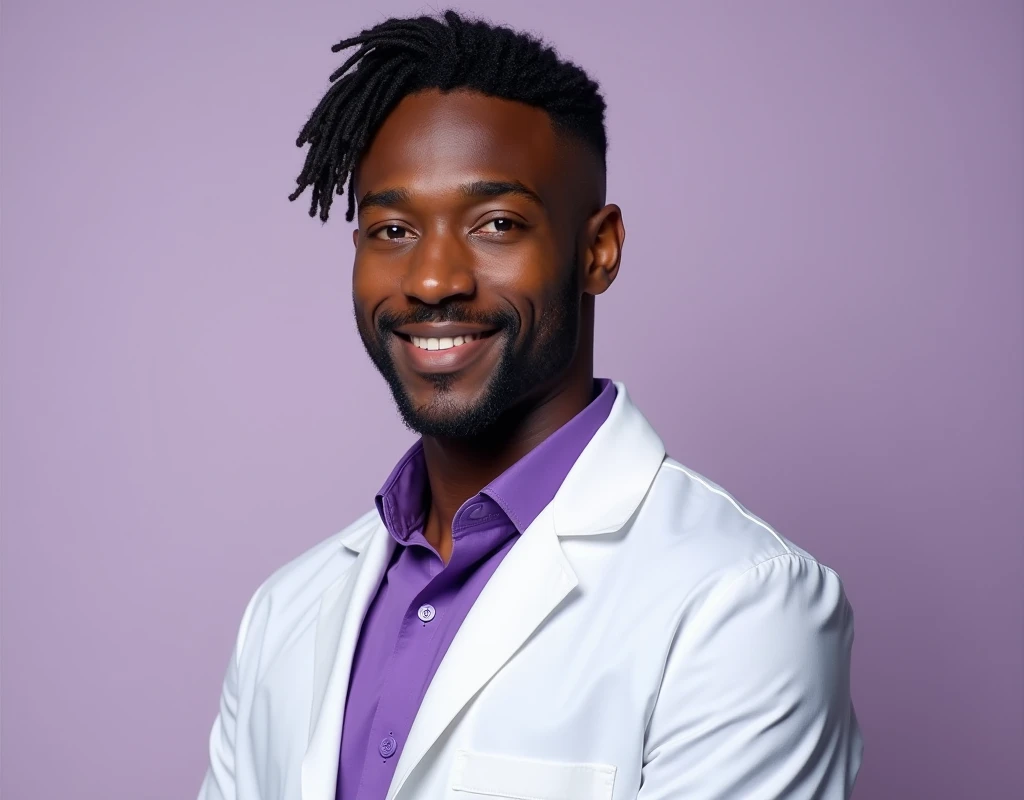 Professional work headshot of a very tall handsome French-Nubian featured male, relaxed waves parted to the side hair, toned body, ebony skin, vibrant purple eyes, tall thin toned body. Kind expression. Wearing purple shirt under white doctor coat.