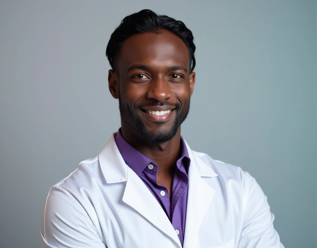 Professional work headshot of a very tall handsome French-Nubian featured male, relaxed waves parted to the side hair, toned body, ebony skin, vibrant purple eyes, tall thin toned body. Kind expression. Wearing purple shirt under white doctor coat.