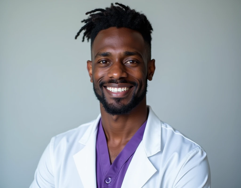 Professional work headshot of a very tall handsome French-Nubian featured male, relaxed waves parted to the side hair, toned body, ebony skin, vibrant purple eyes, tall thin toned body. Kind expression. Wearing purple shirt under white doctor coat.