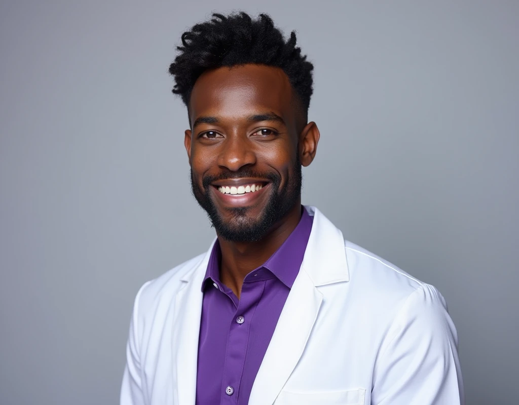 Professional work headshot of a very tall handsome French-Nubian featured male, relaxed waves parted to the side hair, toned body, ebony skin, vibrant purple eyes, tall thin toned body. Kind expression. Wearing purple shirt under white doctor coat.