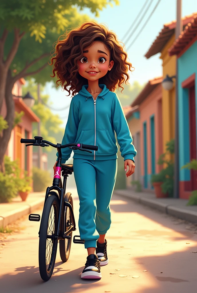 In the cartoon style, draw a young girl walking with a black bike with some little pink details by her side, she is in a simple brazilian neighborhood in a sunny day. She has a calm smile, a necklace, brown eyes, a simple uniform made of a simple tracksuit and pants (both are blue), her hair is curly and brown and her shoes are like black and white airjordans.