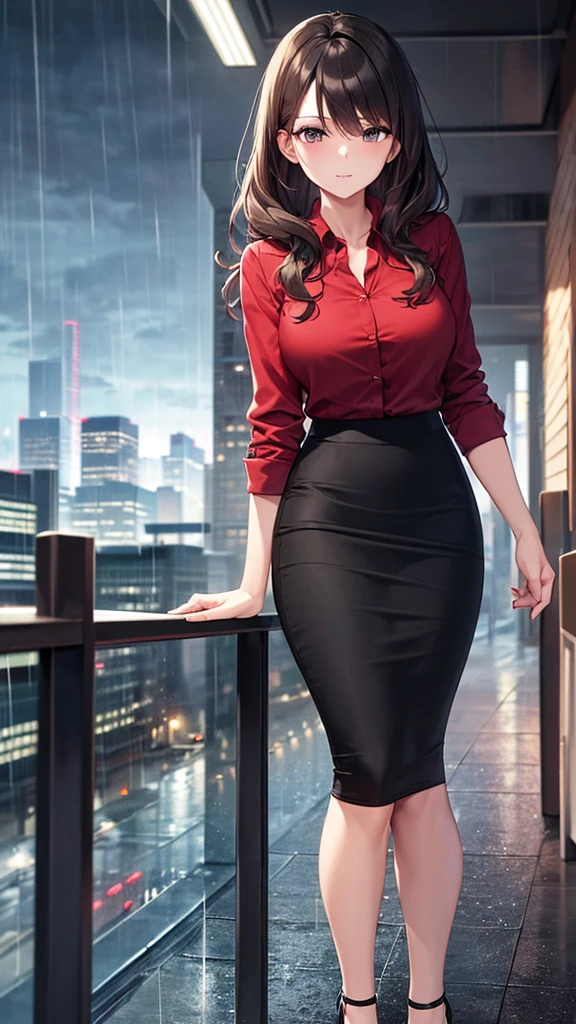 masterpiece, best quality, high detail, beautiful business woman, wavy hair, dark brown hair, business suit, ((red blouse)), ((black midi pencil skirt)), long black pencil skirt, ((black skirt)), heels, looking at viewer, rainy backdrop, storm, clouds, city alley at night,