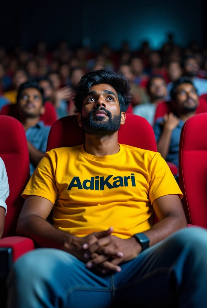 Front view, man, black hair, tall, sri lankan, no beard, sooo horny 🥵 watching a movie in a theater , yellow t shirt having a logo "AdiKari" , denim got wet during the movie
Peeing on pants, jaw drop