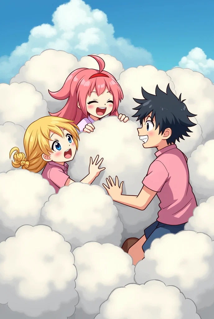 An anime-style illustration depicting two girls and one boy playfully wrestling with each other inside a comical fight cloud.
each girl has different colored hair: one with blonde braided,another with pink ponytaile,and one boy with black short hair.
their faces,hands,and feet are visible emerging from the cloud as they tussle humorously, with the rest of their bodies completely hidden inside the cloud.
the illustration emphasizes the humorous and energetic nature of their scuffle,with a fluffy andexaggerated fight cloud.