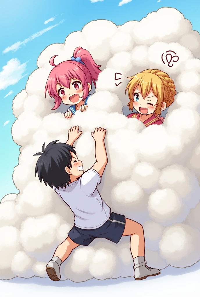 An anime-style illustration depicting two girls and one boy playfully wrestling with each other inside a comical fight cloud.
each girl has different colored hair: one with blonde braided,another with pink ponytaile,and one boy with black short hair.
their faces,hands,and feet are visible emerging from the cloud as they tussle humorously, with the rest of their bodies completely hidden inside the cloud.
the illustration emphasizes the humorous and energetic nature of their scuffle,with a fluffy andexaggerated fight cloud.