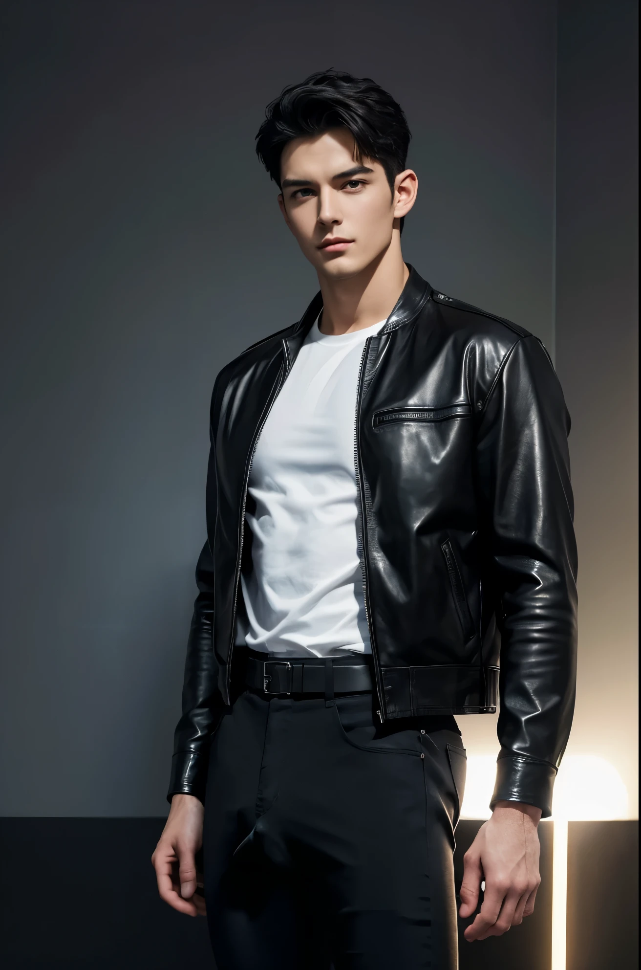 4k, high resolution, best quality, masterpiece, perfect color, perfect shade, perfect lighting, Posted by e621, ((handsome man)), perfect male figure, Short hair details，Detailed face, perfect face, (stood up), Detailed background, ((Bonifasco Lighting)),black hair, wearing black leather jacket, black pants, black leather belt, white shirt,