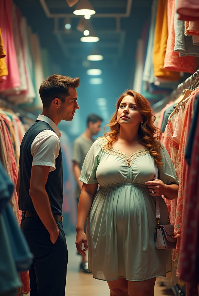 A skinny Attendant who is very angry yells at an overweight woman who wanted to buy clothes at the Attendant's store.