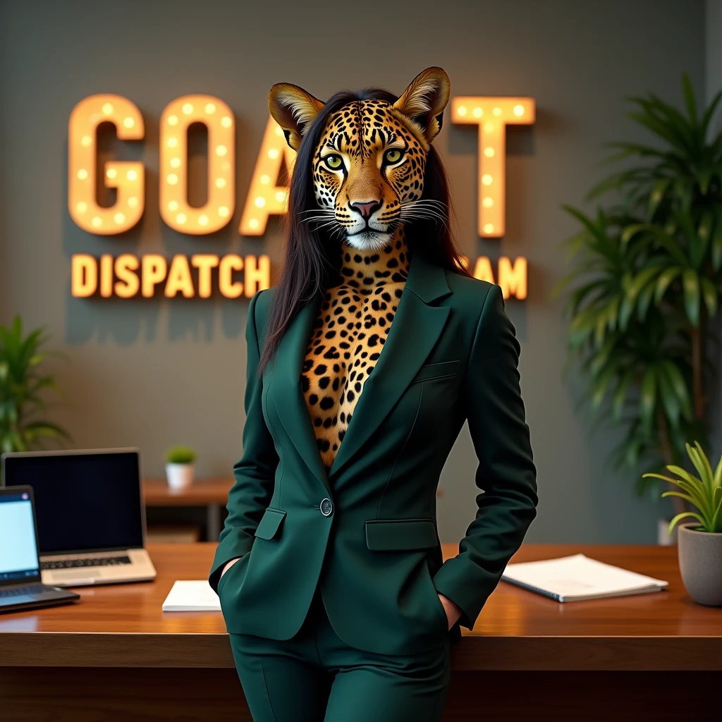 Leopard girl with suit in the office and behind letter “GOAT DISPATCH TEAM”