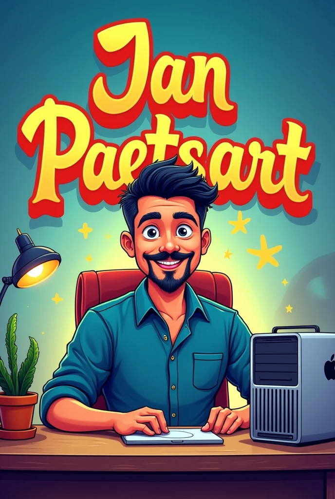 4k Parody Cartoon Images , Thai Male Cartoon , has a mustache and beard, sitting at a desk , Mac Pro , text “Jan Paetsart” in blue and gold as background