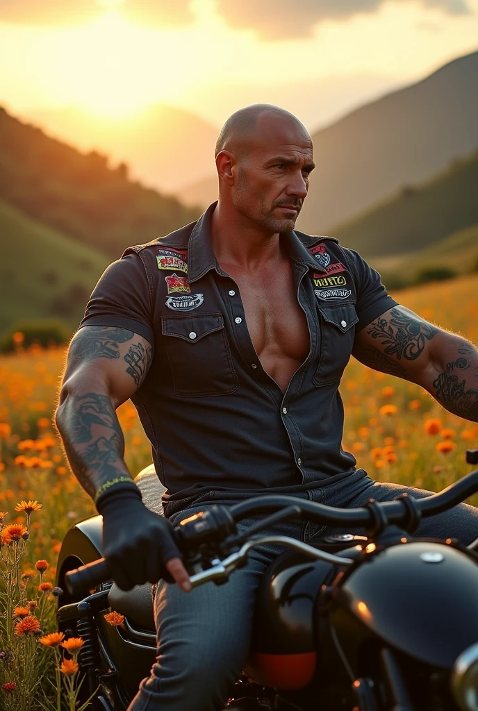 Big giant body builder white bald men wearing unbuttoned black denim shirt with logos on heavy motor bike in beautiful valley