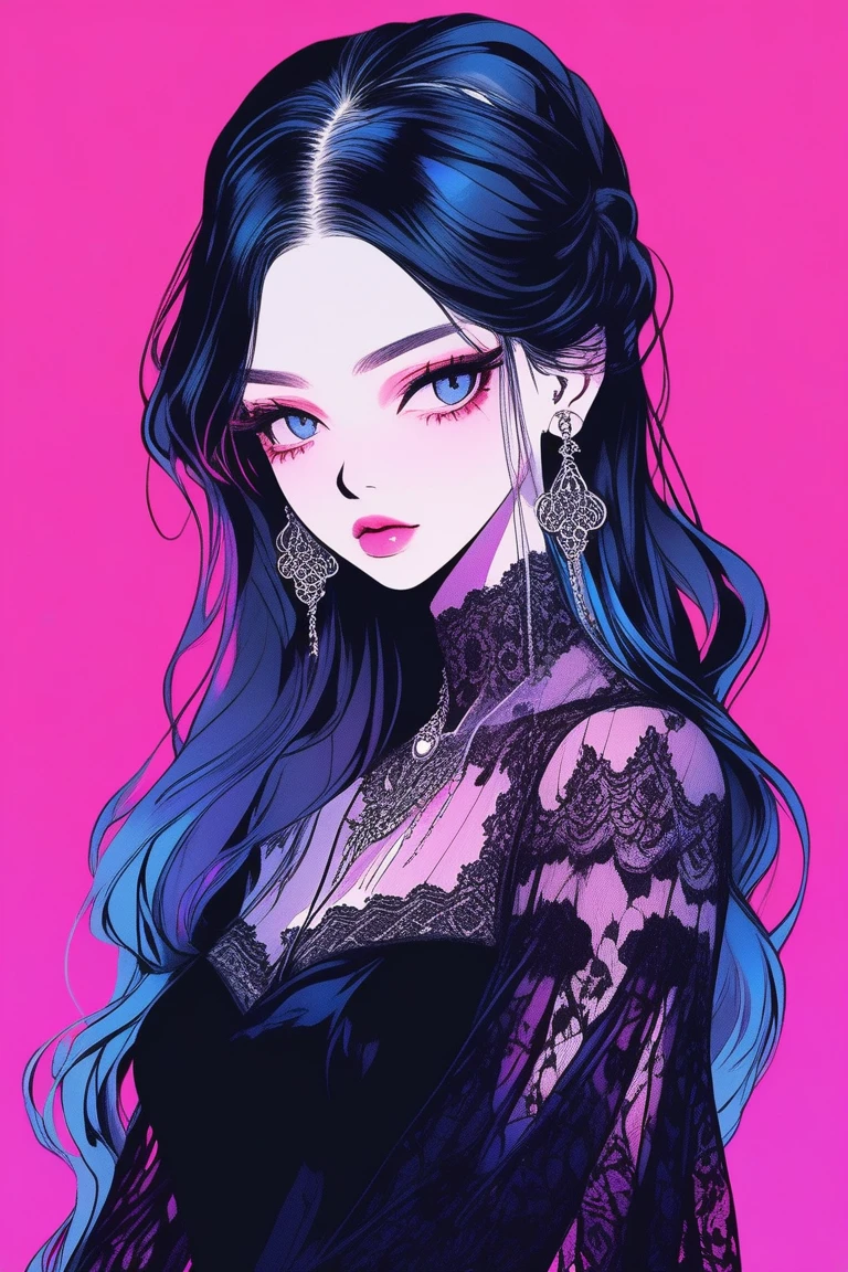 Illustrator, anime , Realistic ,sketch , 1 person, model, Age 25, lip, A black gothic dress featuring abundant lace,、, and a see-through design.., order, Blue and pink gradient background, neon super long hair, Big Breasts, look back, Upper Body, Sexy look, Texture Trim, Canadian, (masterpiece,Highest quality)