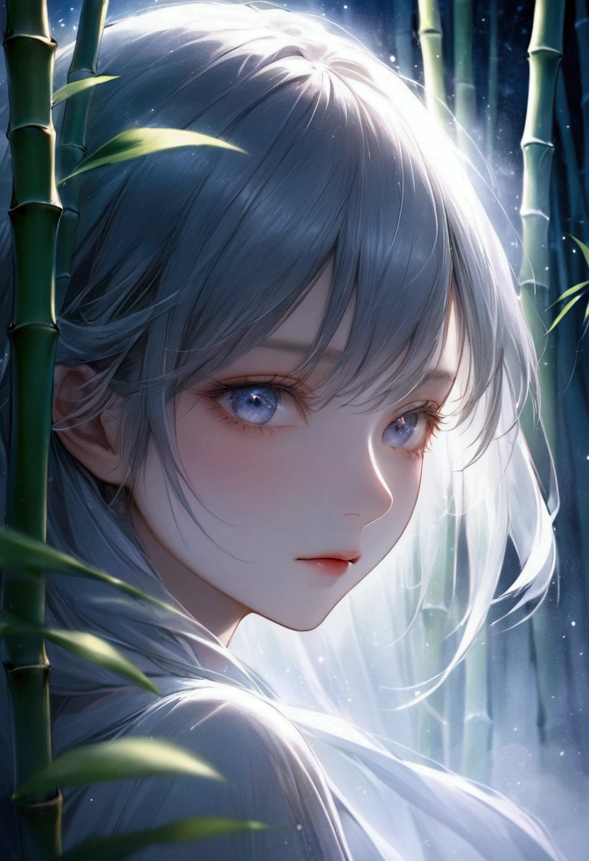 A bamboo forest shrouded in night mist, illuminated by the soft moonlight, A close-up of the face of a female spirit that suddenly appears from the side.