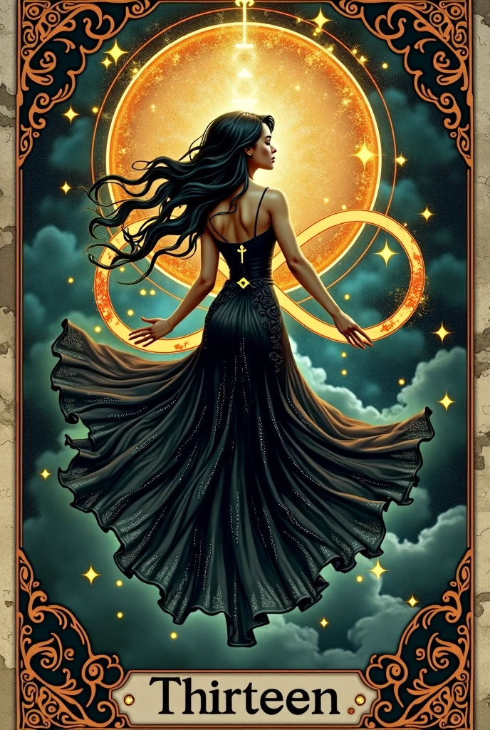 card, intricate detailed card التارو illustration, card التارو, card التارو "Al , Kalima", نص رأس الcard "Thirteen ", نص تذييل الcard "World", Medieval script font style, Black haired goddess, black dress, Floating in the sky, ((Infinity symbol background)), Infinity symbol, Ouroboros symbol, Cinema lighting, Dramatic shadows, bright colors, Rich color palette, surreal card التارو, Occult scenery, Sparkling details, Ornamental patterns