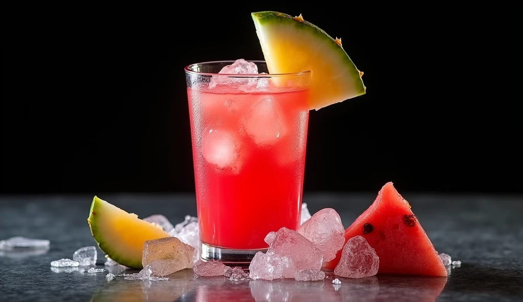 full shot photography upper angle shot with a strong accent to classical cocktail watermelon Daiquiri with slice of ananas on the side on the ice , the black background tropical aesthetics food book photography 35 mm movie frame epic scene cinematic 3d, strong 8k uhd quality