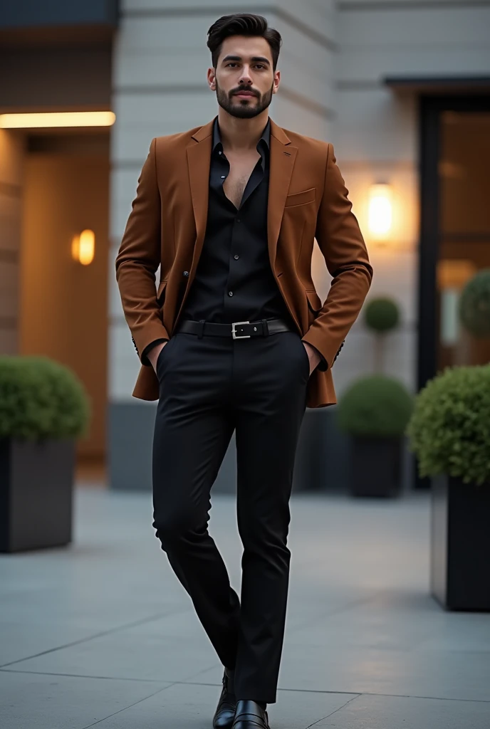 A men, he ware A brown blazer bottom open,black shirt and black pant and black lofer