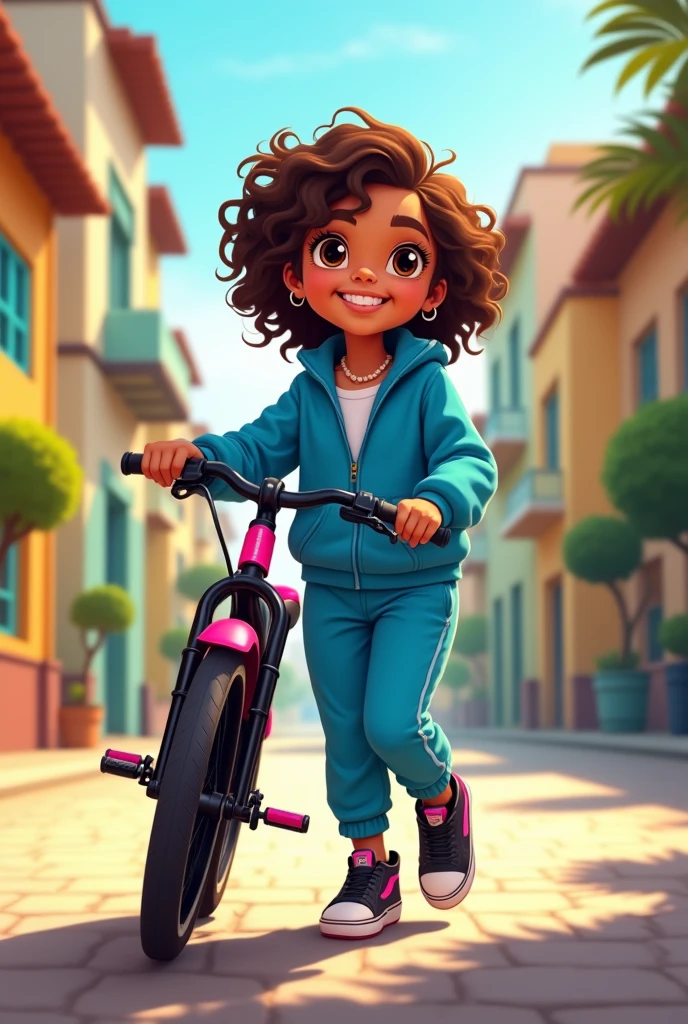 In the cartoon style, draw a young girl walking with a black bike with some little pink details by her side, she is in a simple brazilian neighborhood in a sunny day. She has a calm smile, a necklace, brown eyes, a simple uniform made of a simple tracksuit and pants (both are blue), her hair is curly and brown and her shoes are like black and white airjordans.