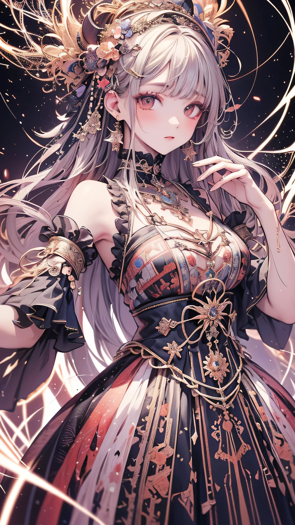 (masterpiece, Highest quality, Highest quality, Official Art, beautifully、aesthetic:1.2), (One person:1.3), Very detailed,(Fractal Art:1.2),colorful,Most detailed,(Tangled:1.2), (Dynamic pose), (Abstract background:1.5), (Traditional Costume:1.2), (Glowing Skin), (Many colors:1.4), Upper Body