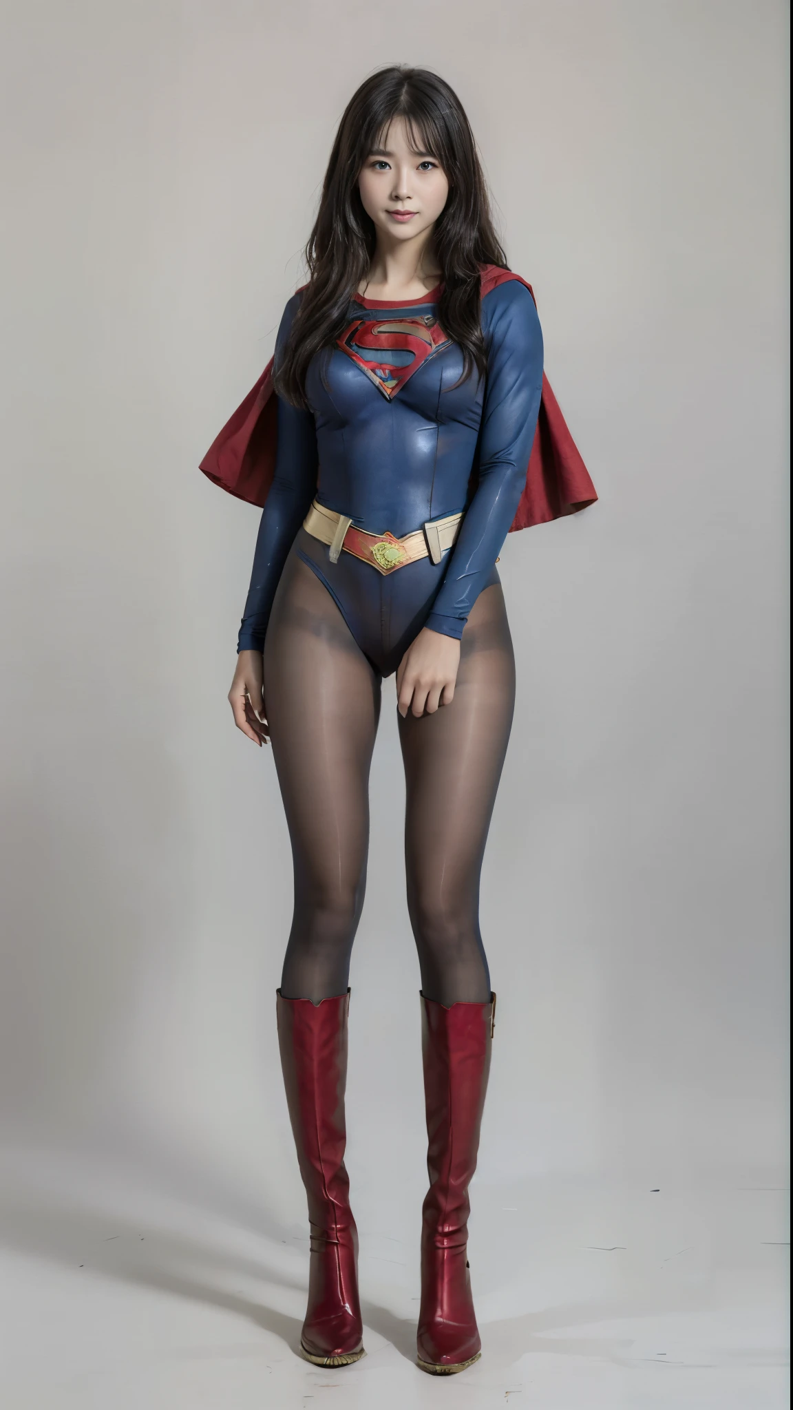 No background、(((Beautiful legs in black tights.)))、(((Legally express the beauty of your smile)))、((((Make the most of your original images)))、(((Supergirl Costume)))、(((Beautiful Hair)))、(((suffering)))、(((Please wear black tights....、Wear red boots)))、((Best image quality、8k))、((Highest quality、8k、masterpiece:1.3))、(((Preserve background )))、Sharp focus:1.2、Beautiful woman with perfect figure:1.4、Slim Abs:1.2、Wet body:1.5、Highly detailed face and skin texture、8k