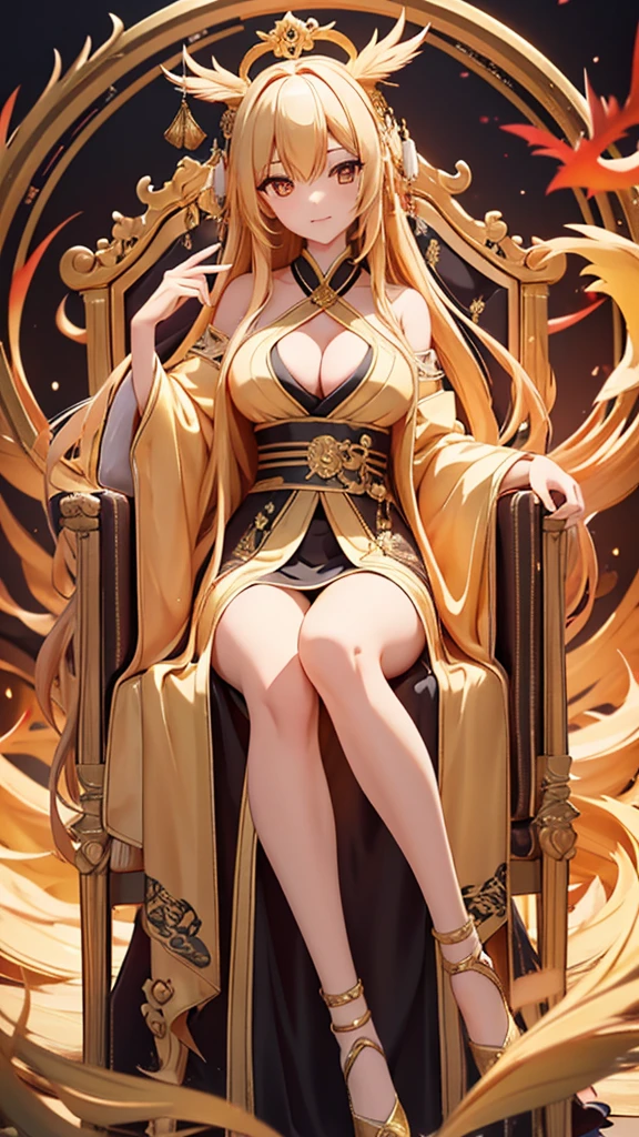 best quality,masterpiece,Ultra-high resolution,(photoactual:4：0),The Golden Palace,A beautiful Eastern nine-tailed fox woman,long hair shawl,Big breasts,thin waist,Wearing a black dragon and phoenix robe,Sitting on the Dragon Throne