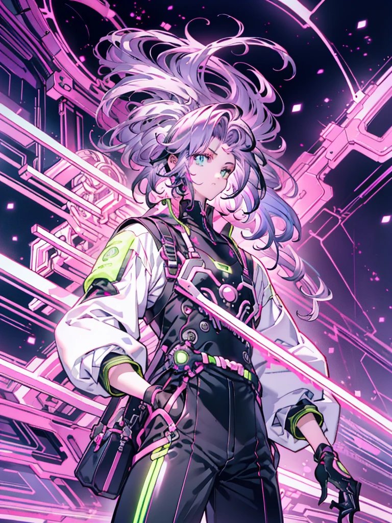Anime Boy, Neon purple hair, And pink color, wounds, a sticker, Neon style throughout the shot, Cool pose,Neon background