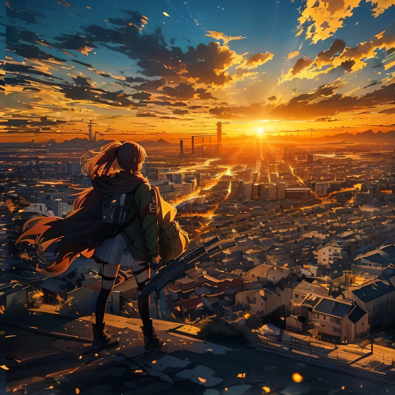 anime, anime art, sunset, city, girl, cityscape, sunset, cityscape, cityscape, cityscape, cityscape, (attack on titans anime), watching the sun set. anime, attack on titan scenery, 4k anime wallpaper, anime wallpaper 4k, anime wallpaper 4 k, amazing wallpaper, 4 k manga wallpaper, from attack on titan, anime epic artwork, ((girl has a gun and gunshot))