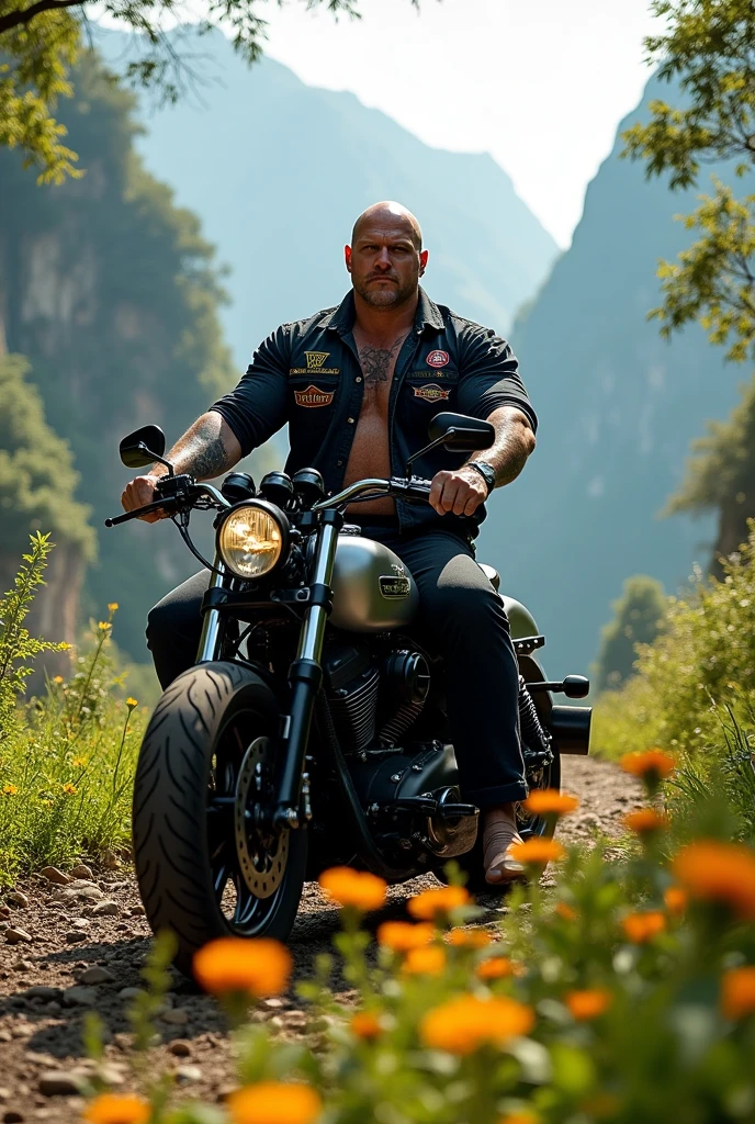 Big giant body builder white bald men wearing unbuttoned black denim shirt with logos on heavy motor bike in beautiful valley