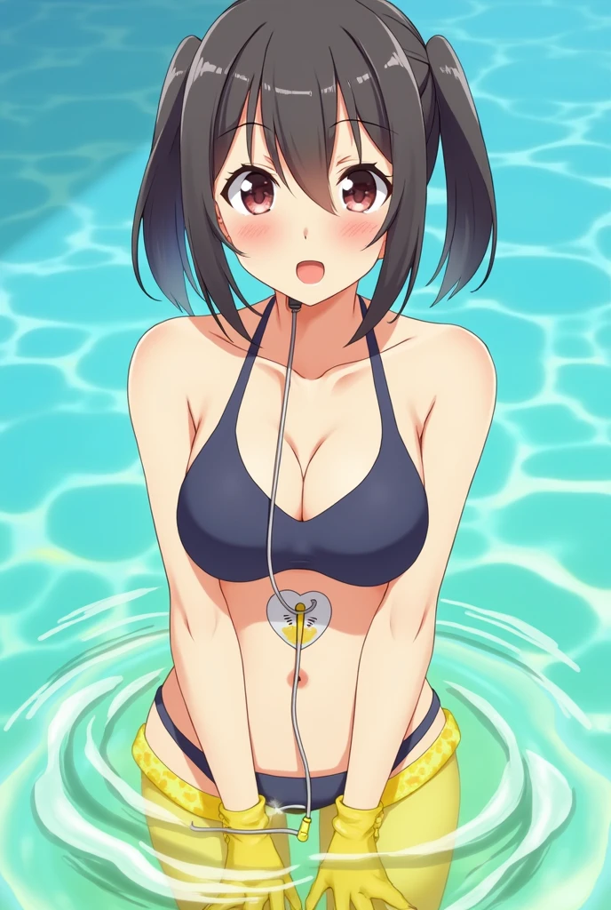 Anime, girl, girl in a swimsuit, girl in a swimsuit with a tube that is inserted into a swimsuit, pees, pees herself, pees with yellow urine, pees into a tube that is inserted into a swimsuit, yellow urine flows from a tube that is inserted into a swimsuit, urine flows into the pool, bright yellow urine dissolves in the pool