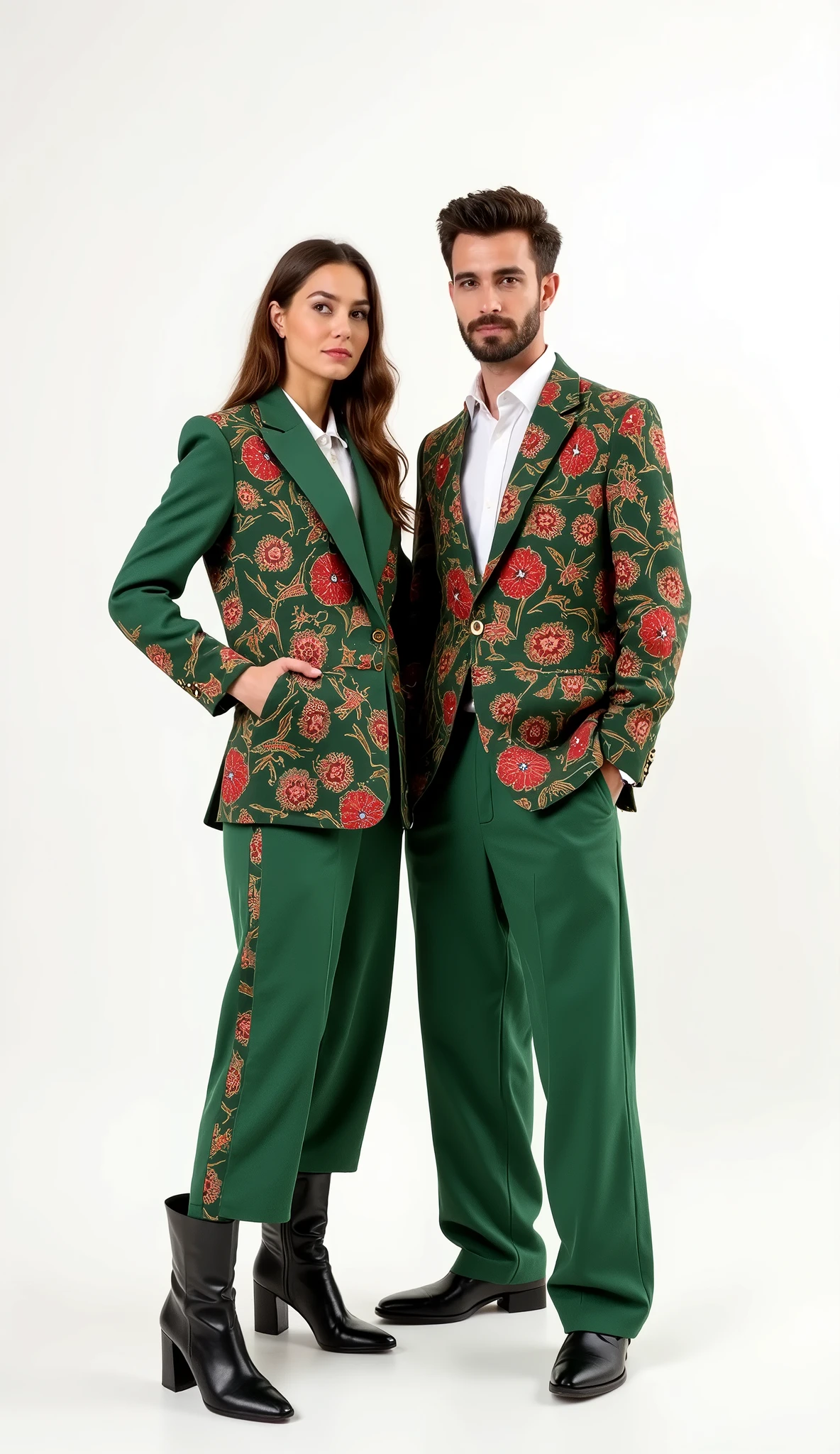 woman and man wearing green red classic suit with lot of palesteinian pattern ,oversize pants, white shirt ,palestinian kufiya , high boots ,white background , model , photoshooting ,space between them , posing