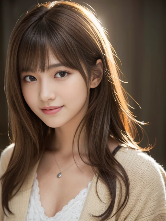 (Highest quality,8K quality,masterpiece:1.3),(Ultra-high resolution,Realistic:1.4,Live Shooting),(Very detailed,Caustics),(Ultra-Realistic Capture,Beautiful and detailed skin),19 years old,Beautiful Japanese, Medium Hair, Messy Hair, Asymmetrical bangs, Brown Hair, I'm looking at the camera with a smile on my face,Soft Light,A ray of light shining from above,Natural light,