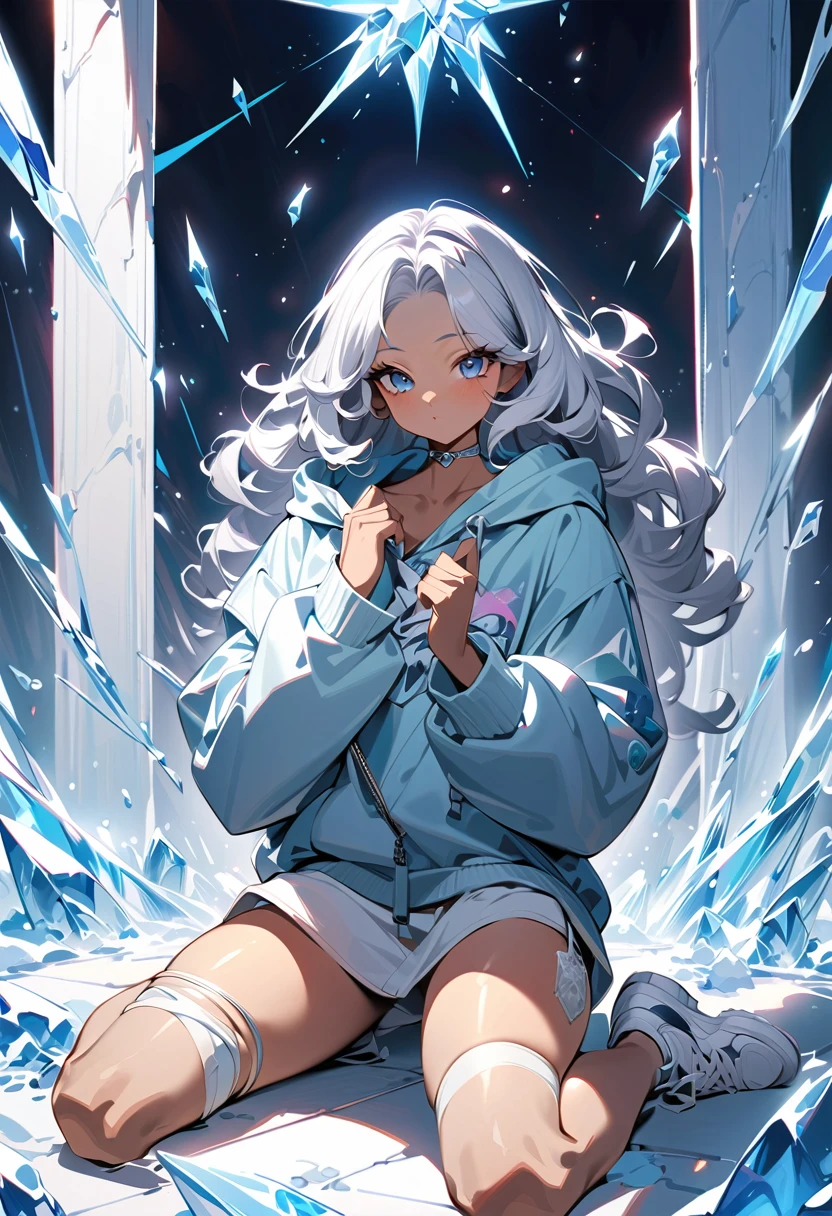 (masterpiece, best quality,ultra highres),a girl with long silver hair,wearing a jacket and pants,curly hair, afrofuturism,African American skin, girl fanart, she is wearing streetwear, digital illustration, ice psychic,ice force,girl in hoodie, Beautiful ice effects, ice crystals,