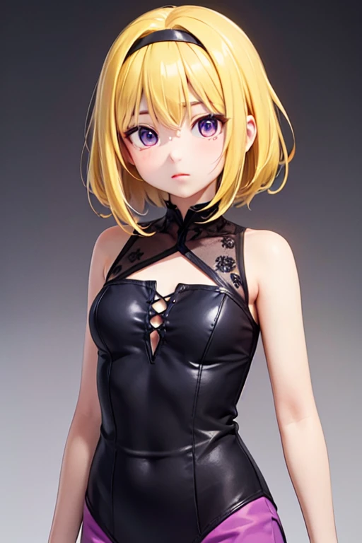 Satoko Hojo, 1 female, alone, (Yellow Hair), blonde, Purple eyes, short hair, hair band, I'm , green dress, white sailor collar, yellow neckerchief, short sleeves, puffy sleeves, black pantyhose