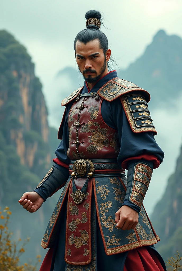 Medium shot of Chinese warrior, in traditional costume, fighting pose, painting and photography style, , best quality, super real, realistic,16k, high detail, high resolution, professional, HDR, extreme detail, Movie master live image quality