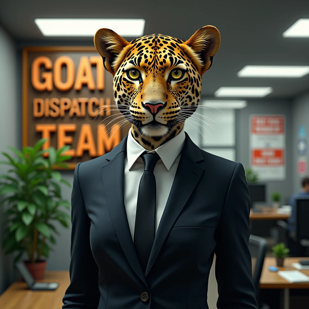 Leopard female with suit in the office and behind letter “GOAT DISPATCH TEAM”