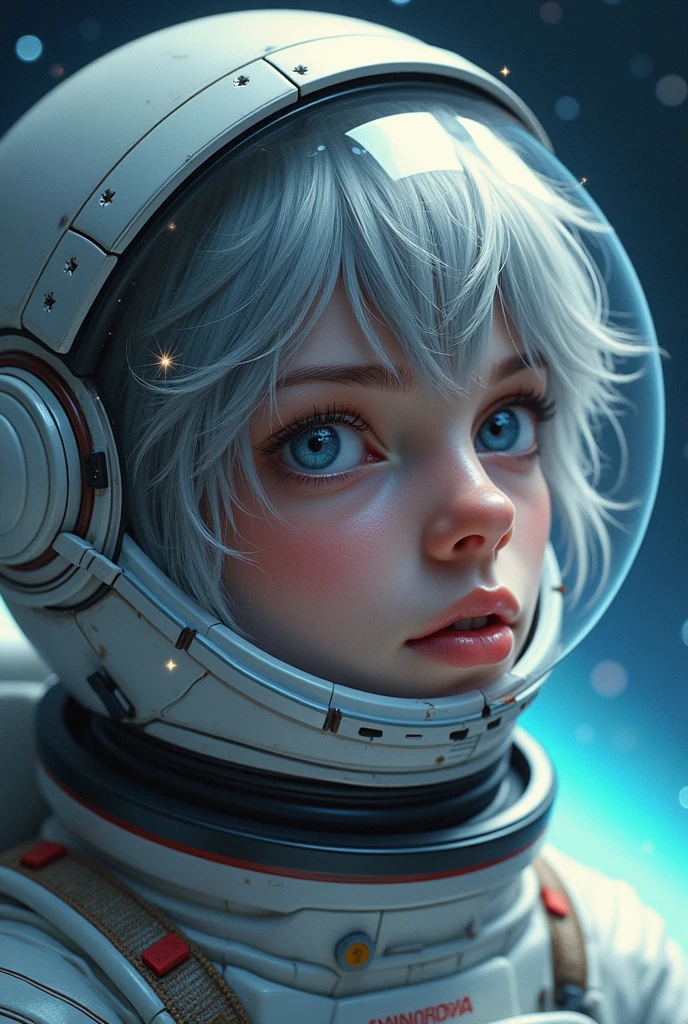 (Get a closer look at more masterpieces:1.5)0.9], (Space and astronauts:1.2) (Messy silver hair:1.1) (Heterochromia xanthochromia and blue eyes:1.2) (Space Helmet:1.0) (Colored stars in the eyes:1.0) (shining:1.1) (thick lips:0.9)