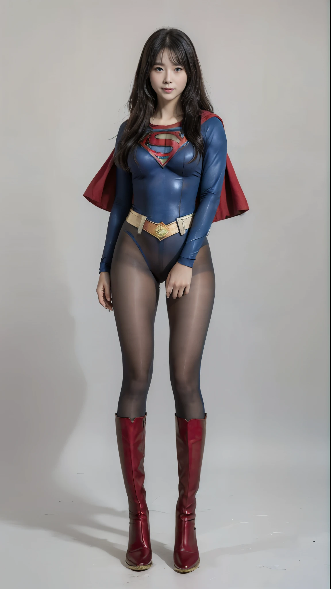No background、(((Beautiful legs in black tights.)))、(((Legally express the beauty of your smile)))、((((Make the most of your original images)))、(((Supergirl Costume)))、(((Beautiful Hair)))、(((suffering)))、(((Please wear black tights....、Wear red boots)))、((Best image quality、8k))、((Highest quality、8k、masterpiece:1.3))、(((Preserve background )))、Sharp focus:1.2、Beautiful woman with perfect figure:1.4、Slim Abs:1.2、Wet body:1.5、Highly detailed face and skin texture、8k