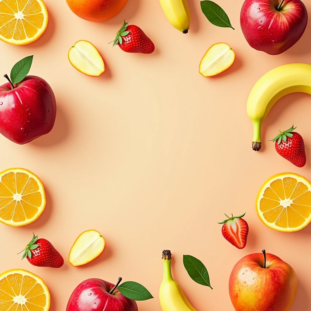 "Create a pattern design featuring various fruits like oranges, apples, bananas, and strawberries, arranged beautifully and colorfully. Use a light background to highlight the vibrancy of the fruits and look realistic."