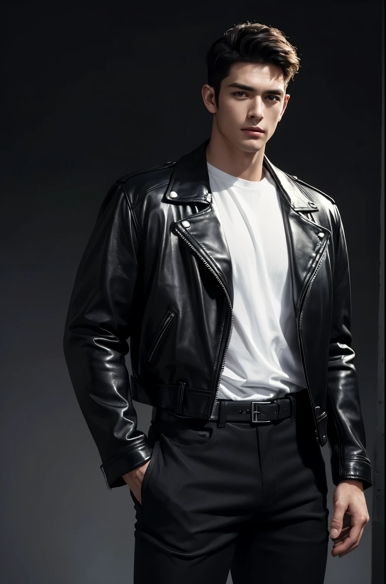 4k, high resolution, best quality, masterpiece, perfect color, perfect shade, perfect lighting, Posted by e621, ((handsome man)), perfect male figure, Short hair details,Detailed face, perfect face, (stood up), Detailed background, ((Bonifasco Lighting)),black hair, wearing black leather jacket, black pants, black leather belt, white shirt,