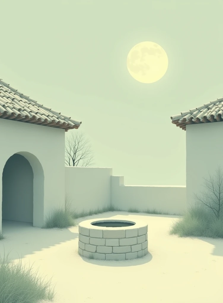 Off-white background，(Rural courtyard:1.5)，A well，Moon reflection in the well，Off-white background，Light green color scheme，Book illustration style，Flat style，Lots of white space，Minimalism，Ultra HD
