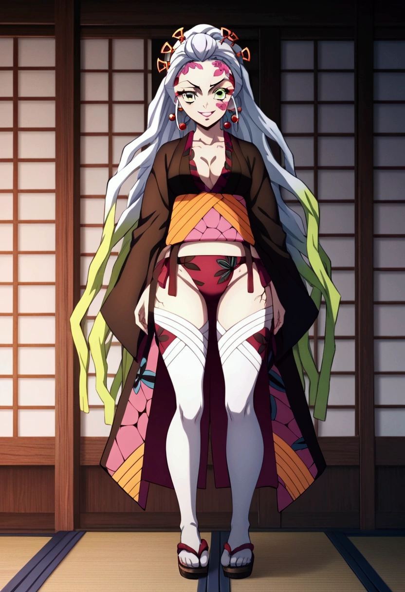 Score_9, Score_8_up, Score_7_up, Score_6_up, teenager, anime_source, (kimetsu_no_yaiba), daki, {{ultra-giant breasts}}, pale, veins on body, wide hips, curves, straight hair, long hair, white_hair, ponytail, eyes yellow, kimono, raosa_kimono, ahori_blanco, discover_works, flower print kimono, standing, cleavage, looking at viewer, super high leg, smile, tattoos, tajes_arms, full body view, sandals, white stockings,