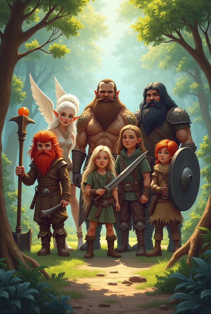 A group of six members, including;
1 A short, red-haired dwarf with an axe.
A male elf with wings and white hair.
3 A sorceress with brown hair wielding a staff with an orange orb.
4 A strong, tall man with features of a triton with black hair and beard wielding a longsword.
5 A girl with red hair and claws wearing wild clothes.
6 A bald man with a black beard and draconic features, wielding a sword and shield.
All young people!