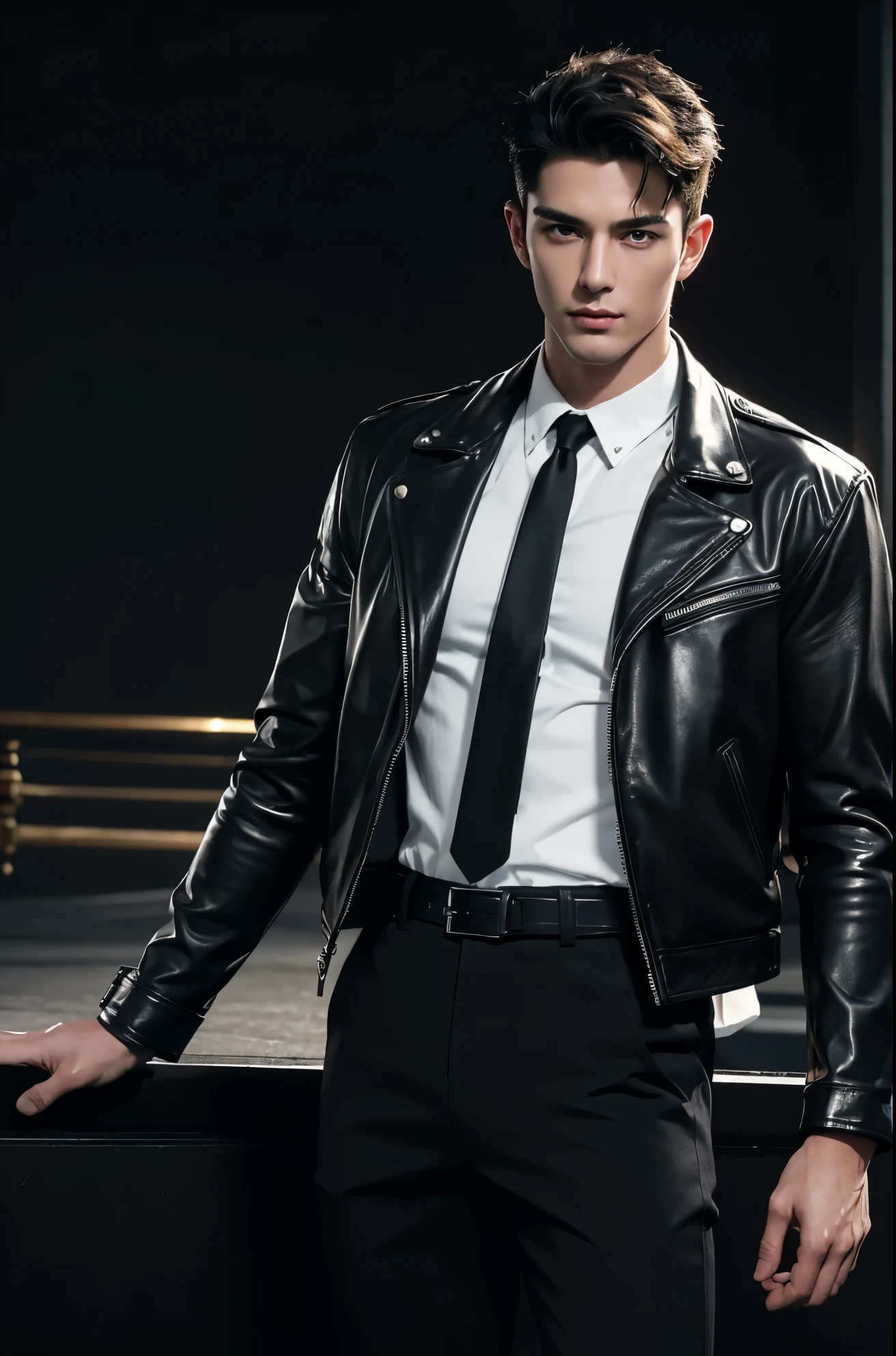 4k, high resolution, best quality, masterpiece, perfect color, perfect shade, perfect lighting, Posted by e621, ((handsome man)), perfect male figure, Short hair details,Detailed face, perfect face, (stood up), Detailed background, ((Bonifasco Lighting)),black hair, wearing black leather jacket, black pants, black leather belt, white shirt,
